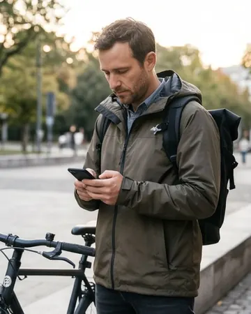 Mann mit Rucksack neben seinem Fahrrad, tippt auf dem Smartphone