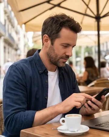 Mann im Straßencafé mit Laptop und Smartphone