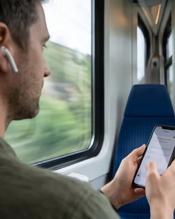 Mann im Zug, Blick aus dem Fenster, Smartphone in der Hand
