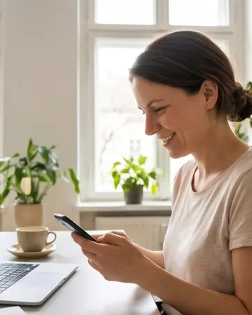 Frau am Schreibtisch im Homeoffice mit Smartphone, daneben der Laptop