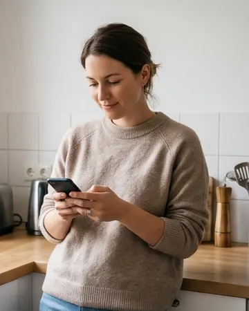 Frau in der Küche, schaut lächelnd auf ihr Smartphone