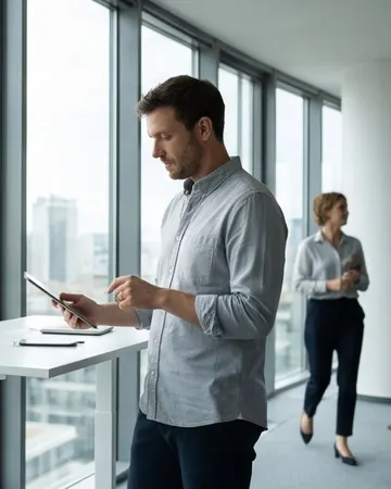 Mann am Stehtisch im Büro mit Blick über die Stadt, Tablet in der Hand