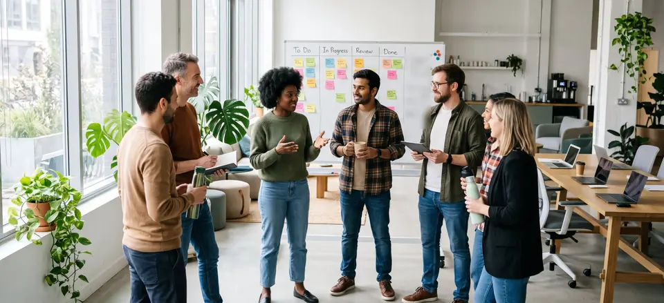 Ein Team steht im Büro vor einem Kanban-Board und bespricht den Tag