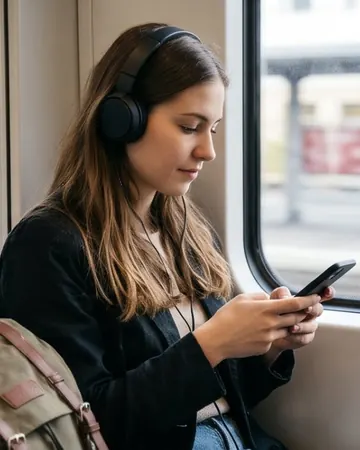 Frau mit Kopfhörern im Zug, tippt auf dem Smartphone
