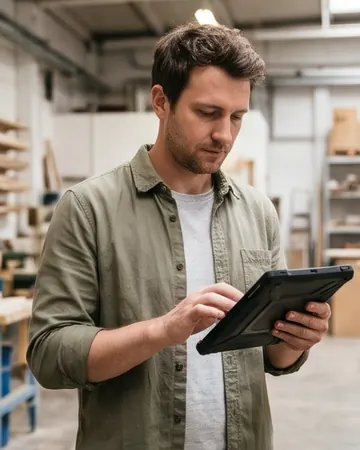 Mann in einer Holzwerkstatt mit Tablet in der Hand